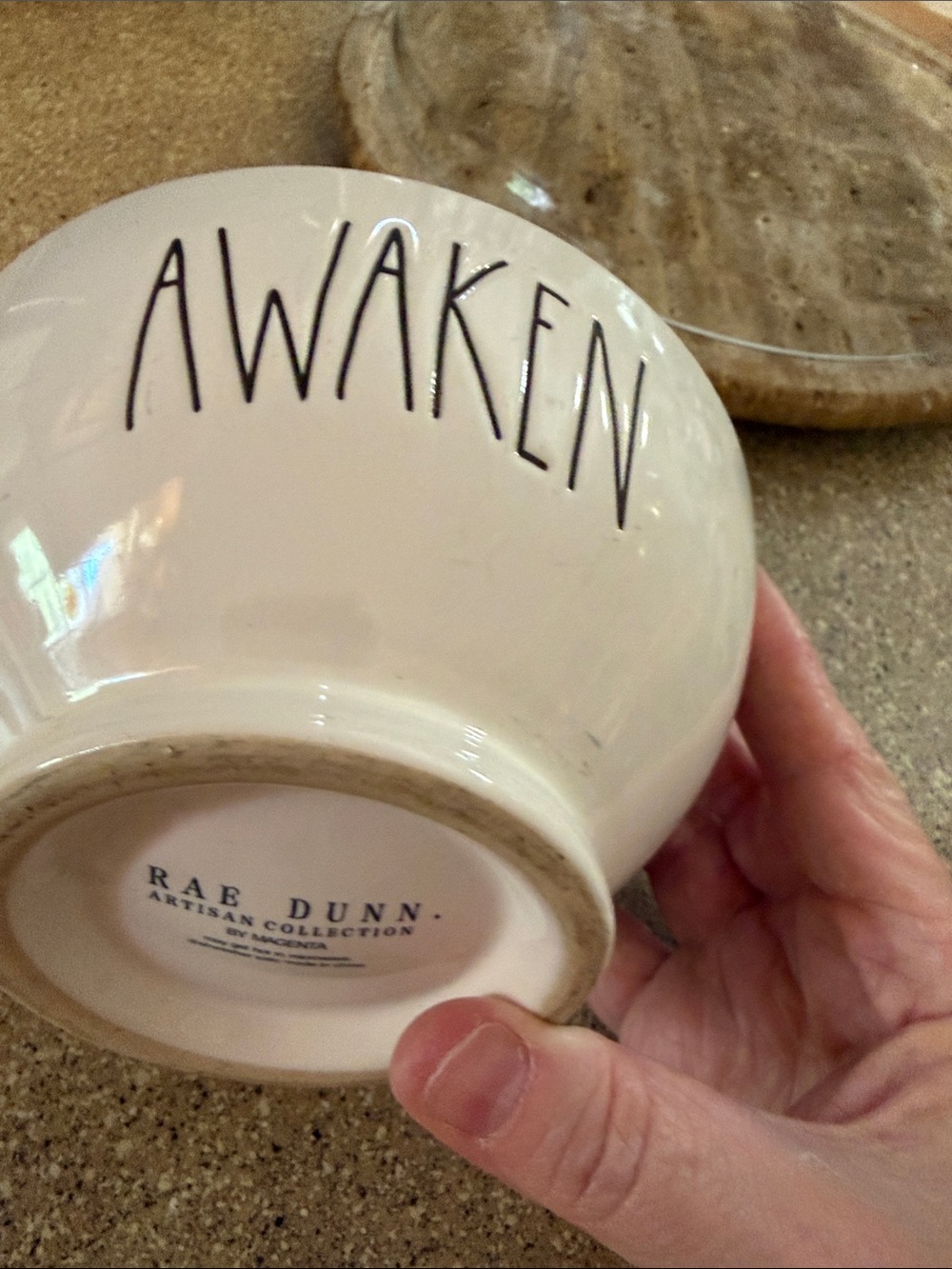 Rae Dunn AWAKEN Ceramic Bowl in Cream with Black Lettering